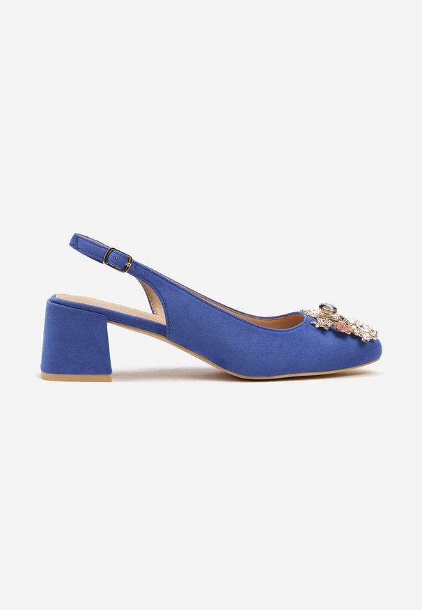 Renee - Niebieskie Sandały Vices na Słupku Slingback ze Skórzaną Wkładką i Cyrkoniami Nimirune. Okazja: na co dzień. Zapięcie: sprzączka. Kolor: niebieski. Materiał: skóra. Wzór: aplikacja. Obcas: na słupku. Styl: casual. Wysokość obcasa: średni