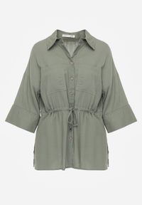 Renee - Zielona Koszula z Lnem Bawełną i Szerokimi Rękawami Moontwist. Okazja: na co dzień. Kolor: zielony. Materiał: bawełna, len. Styl: casual #2