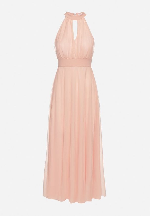 Born2be - Różowa Wieczorowa Sukienka ze Stójką Wiązana w Talii Ozdobiona Siateczką Nestasoni. Okazja: na imprezę. Typ kołnierza: kołnierzyk stójkowy. Kolor: różowy. Materiał: satyna. Długość rękawa: bez rękawów. Wzór: aplikacja. Styl: wizytowy