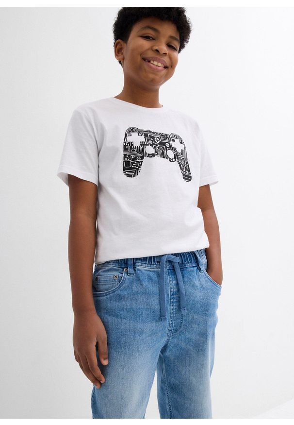 bonprix - Bermudy chłopięce z gumką w talii Slim Fit. Kolor: niebieski. Styl: elegancki