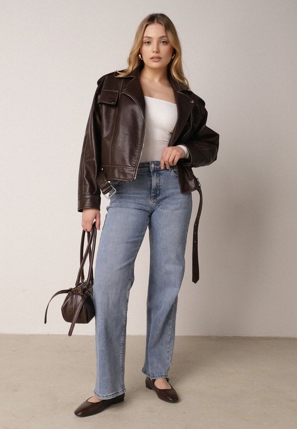 Born2be - Niebieskie Szerokie Jeansy z Regularnym Stanem z Bawełną i Domieszką Wiskozy Lairoe. Okazja: na co dzień, do pracy, na spotkanie biznesowe. Kolor: niebieski. Wzór: koronka. Styl: biznesowy, klasyczny, casual, elegancki