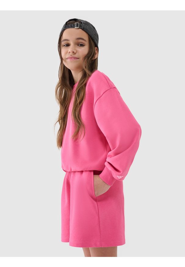 4f - 4F Bluza dresowa nierozpinana bez kaptura dziewczęca - różowa 164 (13-14 lat). Okazja: na co dzień. Typ kołnierza: bez kaptura. Kolor: różowy. Materiał: dresówka. Wzór: gładki, ze splotem. Sezon: lato. Styl: casual, sportowy