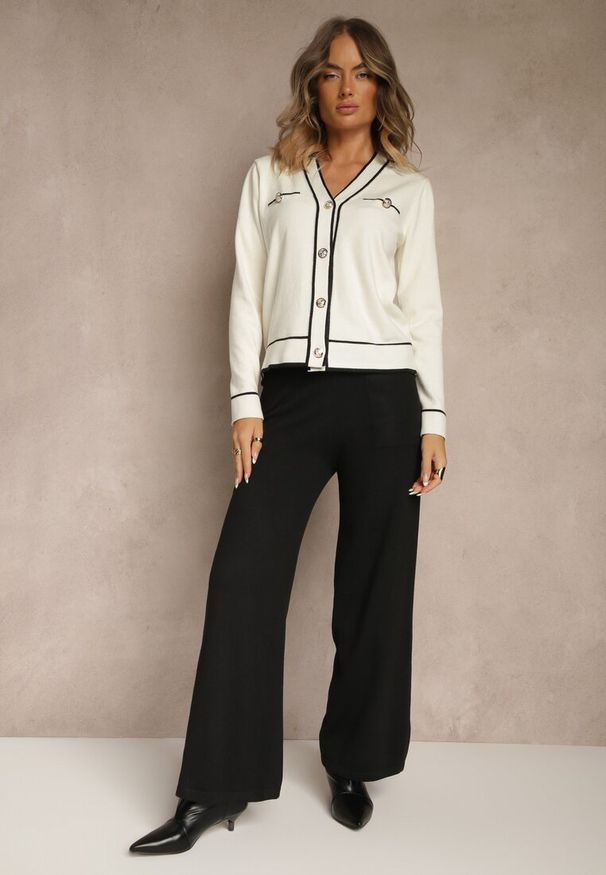 Renee - Jasnobeżowy Komplet z Dzianiny Spodnie Wide Leg i Retro Kardigan Giosila. Kolekcja: plus size. Kolor: beżowy. Materiał: dzianina