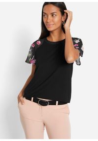 bonprix - Koszulka z rękawami szyfonowymi. Kolor: czarny. Materiał: szyfon. Styl: elegancki #1
