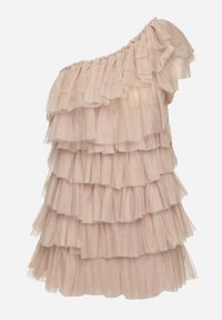 Born2be - Jasnobeżowa Sukienka Mini na Jedno Ramię Asymetryczna z Falbankami Nomenta. Typ kołnierza: kołnierz z falbankami. Kolor: beżowy. Typ sukienki: asymetryczne. Długość: mini #2