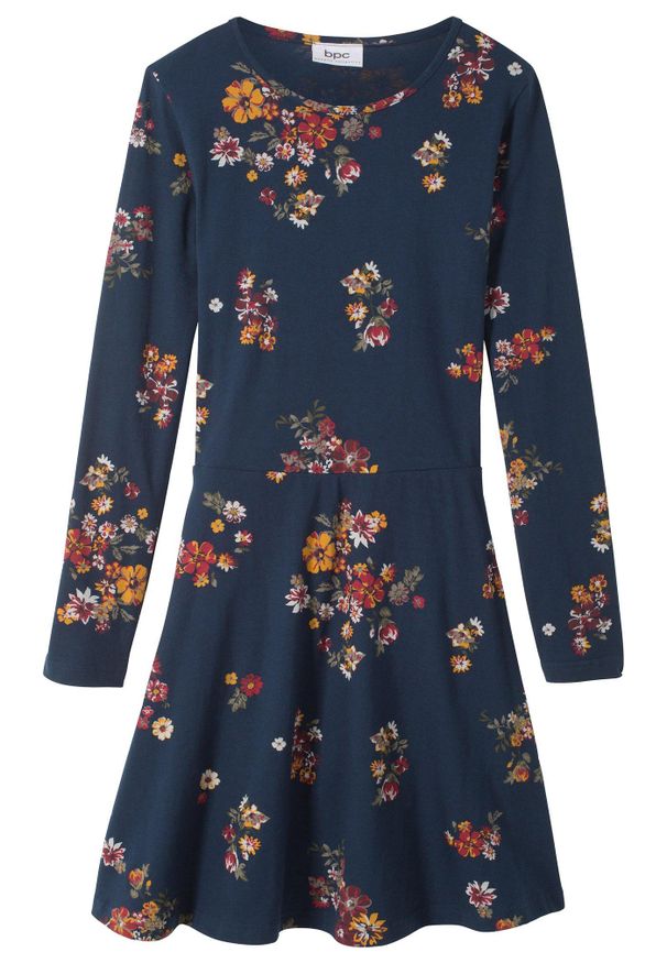 bonprix - Sukienka dziewczęca z dżerseju z czystej bawełny. Kolor: niebieski. Materiał: jersey, bawełna. Długość rękawa: długi rękaw. Wzór: aplikacja, kwiaty