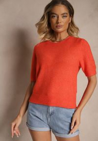 Renee - Pomarańczowy Sweter z Wełną Krótkim Rękawem Ozdobiony Ściągaczami Emiralin. Okazja: na co dzień. Kolor: pomarańczowy. Materiał: wełna. Długość rękawa: krótki rękaw. Długość: krótkie. Wzór: aplikacja. Styl: casual #5