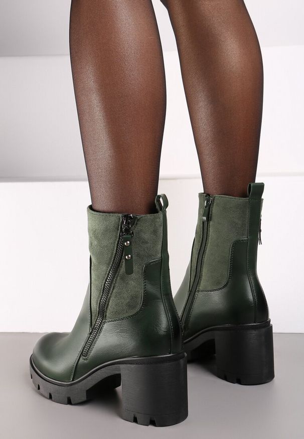 Born2be - Zielone Botki na Obcasie i Tłoczonej Platformie z Ozdobnym Suwakiem Vivirae. Okazja: na co dzień. Kolor: zielony. Materiał: dzianina, jeans. Sezon: zima, jesień. Obcas: na obcasie. Styl: klasyczny, casual. Wysokość obcasa: średni