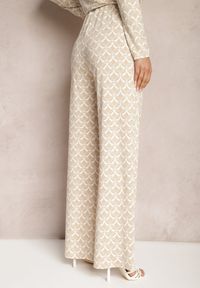 Renee - Beżowe Spodnie o Szerokim Kroju w Ozdobny Print z Kieszeniami Ashel. Okazja: na co dzień. Kolor: beżowy. Wzór: nadruk. Styl: casual, elegancki #5