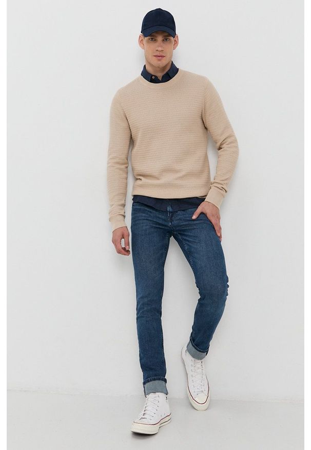 PRODUKT by Jack & Jones - Produkt by Jack & Jones - Sweter. Okazja: na co dzień. Kolor: beżowy. Materiał: dzianina. Długość rękawa: długi rękaw. Długość: długie. Wzór: ze splotem. Styl: casual