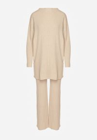 Born2be - Beżowy Prążkowany Komplet Dzianinowy z Bawełną Sweter z Półgolfem i Spodnie Elweda. Kolor: beżowy. Materiał: prążkowany, bawełna, dzianina #3