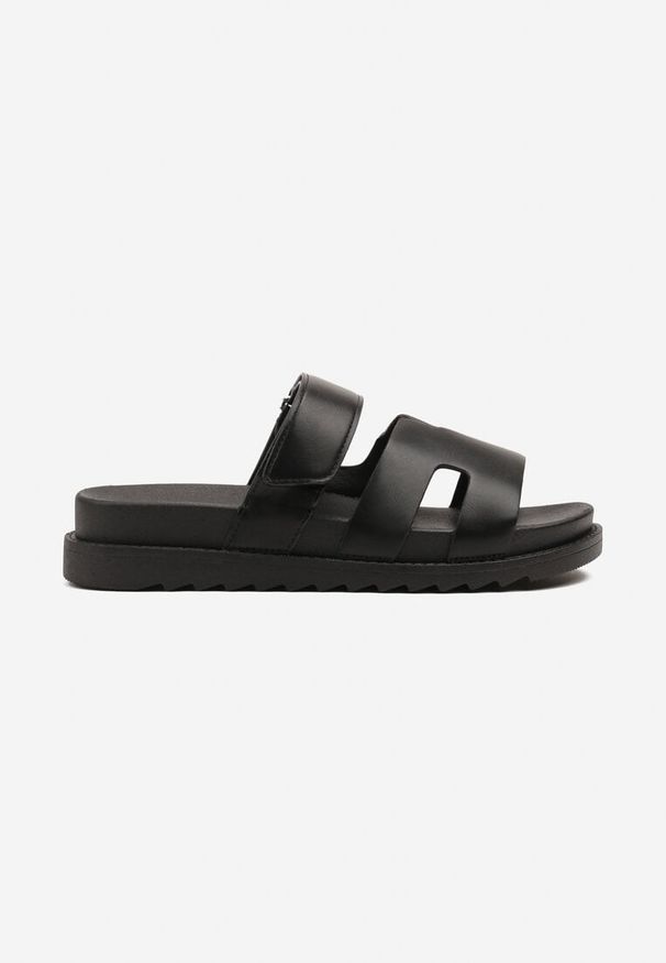 Renee - Czarne Klapki na Platformie z Geometrycznymi Paskami Neorith. Okazja: na co dzień. Kolor: czarny. Materiał: jeans. Wzór: geometria. Obcas: na platformie. Styl: casual