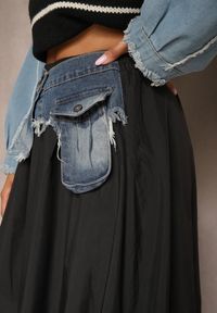 Renee - Czarna Spódnica o Kroju Bombki z Jeansową Talią i Kieszeniami Ansarise. Okazja: na imprezę. Kolor: czarny. Materiał: jeans. Styl: elegancki #3