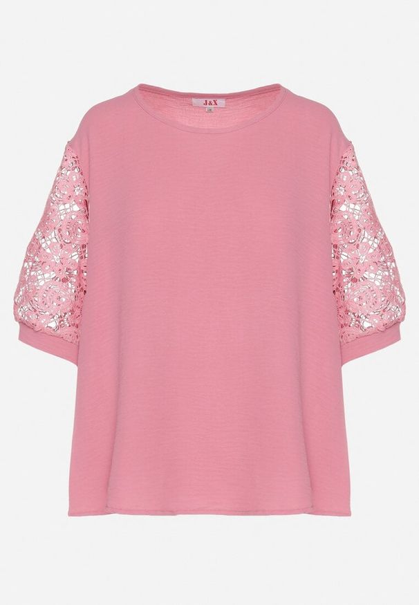 Born2be - Różowa Bluzka z Koronkowymi Rękawami Jenavessa. Okazja: na co dzień, na spotkanie biznesowe. Kolor: różowy. Materiał: koronka. Wzór: aplikacja. Styl: biznesowy, casual, klasyczny