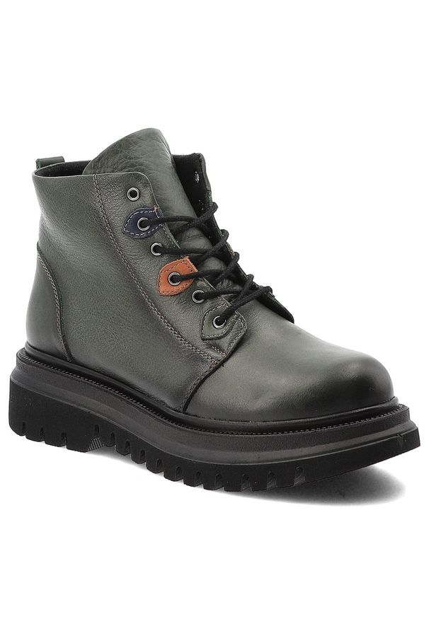 Zielone Botki Artiker Skórzane Obuwie Damskie. Zapięcie: sznurówki. Kolor: zielony. Materiał: skóra. Wzór: kolorowy. Sezon: zima, jesień. Styl: klasyczny