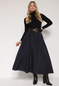 Born2be - Granatowa Jeansowa Spódnica Midi z Paskiem Suera. Kolor: niebieski. Materiał: jeans #5