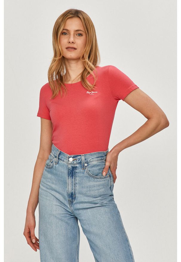 Pepe Jeans - T-shirt Bellrose. Okazja: na co dzień. Kolor: różowy. Materiał: bawełna, dzianina, elastan. Wzór: gładki, aplikacja. Styl: casual