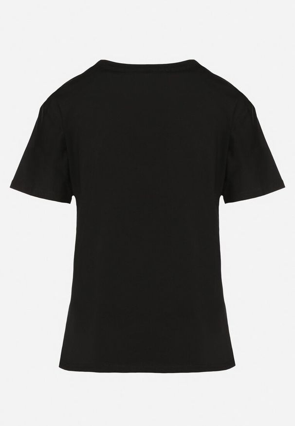 Born2be - Czarny T-shirt z Bawełny Ozdobiony Nadrukiem i Kokardą 3D Sanathien. Typ kołnierza: kokarda. Kolor: czarny. Materiał: bawełna. Wzór: nadruk, aplikacja. Styl: klasyczny
