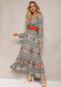 Renee - Zielona Sukienka Rozkloszowana z Paskiem Shara. Okazja: na plażę, na spacer. Kolor: zielony. Materiał: materiał, tkanina. Typ sukienki: kopertowe. Styl: boho. Długość: maxi #5