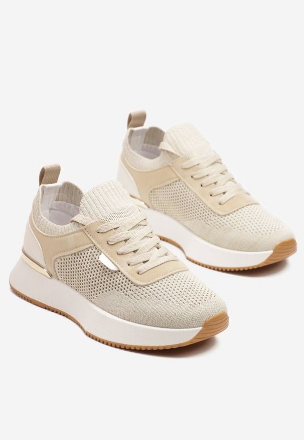 Born2be - Beżowe Siateczkowe Sneakersy Dorami. Okazja: na co dzień. Zapięcie: sznurówki. Kolor: beżowy. Materiał: jeans. Obcas: na płaskiej podeszwie