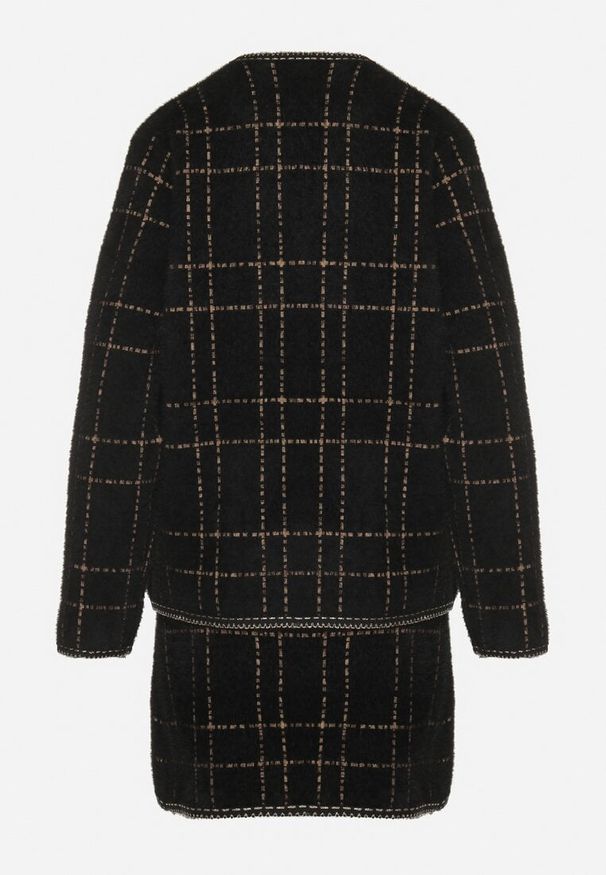 Born2be - Czarno-Złoty Dzianinowy Komplet w Kratkę z Kardiganem i Spódnicą Ozdobiony Eleganckimi Guzikami Rairel. Kolor: czarny. Materiał: dzianina. Wzór: kratka, aplikacja