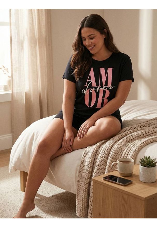 Sinsay - Bawełniana piżama dwuczęściowa z napisem - czarny. Kolor: czarny. Materiał: bawełna. Wzór: napisy