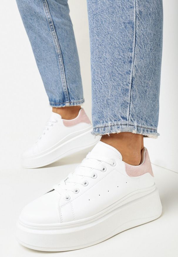 Born2be - Biało-Różowe Wiązane Sneakersy na Grubej Platformie z Cholewką przed Kostkę Auture. Wysokość cholewki: przed kostkę. Nosek buta: okrągły. Kolor: biały. Szerokość cholewki: normalna. Obcas: na platformie