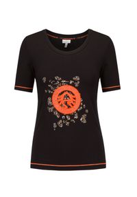 Sportalm - T-shirt SPORTALM LENNIE. Kolor: czarny. Materiał: skóra, bawełna. Wzór: aplikacja