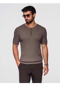 Ombre Clothing - T-shirt męski dzianinowy z guzikami przy dekolcie – popielaty V4 - Rozmiar: XXL. Okazja: na co dzień. Kolor: szary. Materiał: dzianina. Wzór: paski. Styl: casual, elegancki