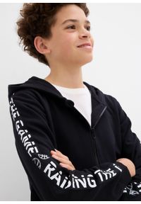 bonprix - Bluza rozpinana z kapturem z bawełny organicznej. Typ kołnierza: kaptur. Kolor: czarny. Materiał: bawełna. Wzór: napisy