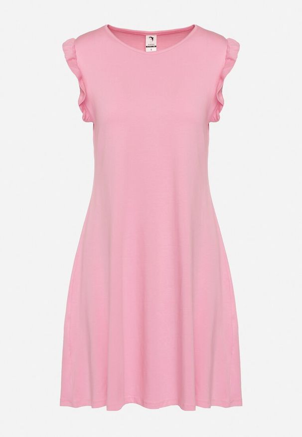 Born2be - Jasnoróżowa Letnia Sukienka Bawełniana z Falbankami Wokół Ramion Sasare. Typ kołnierza: kołnierz z falbankami. Kolor: różowy. Materiał: bawełna. Długość rękawa: krótki rękaw. Wzór: aplikacja. Sezon: lato. Typ sukienki: trapezowe