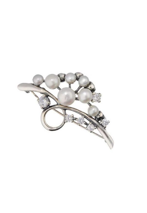 Polcarat Design - Broszka z perłami i cyrkoniami B 201. Materiał: srebrne. Wzór: aplikacja. Kamień szlachetny: perła, cyrkonia