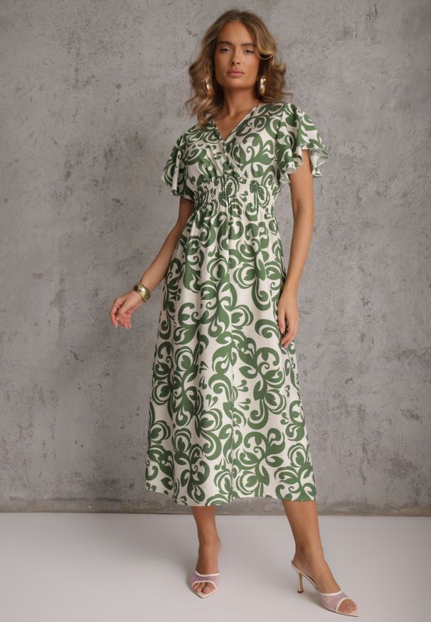 Renee - Zielona Taliowana Sukienka z Wiskozy z Kopertowym Dekoltem Jynaela. Typ kołnierza: dekolt kopertowy. Kolor: zielony. Materiał: wiskoza. Wzór: nadruk. Typ sukienki: kopertowe. Styl: boho