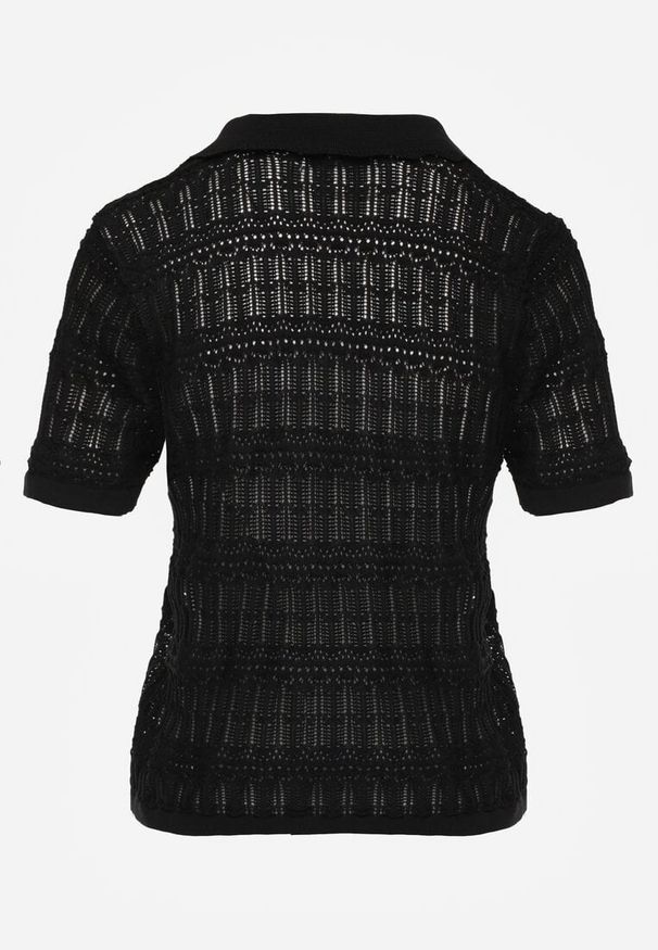 Renee - Czarna Wiskozowa Bluzka z Szydełkowym Wzorem Kołnierzykiem i Guzikami Lasthythia. Okazja: na co dzień. Kolor: czarny. Materiał: wiskoza. Styl: casual