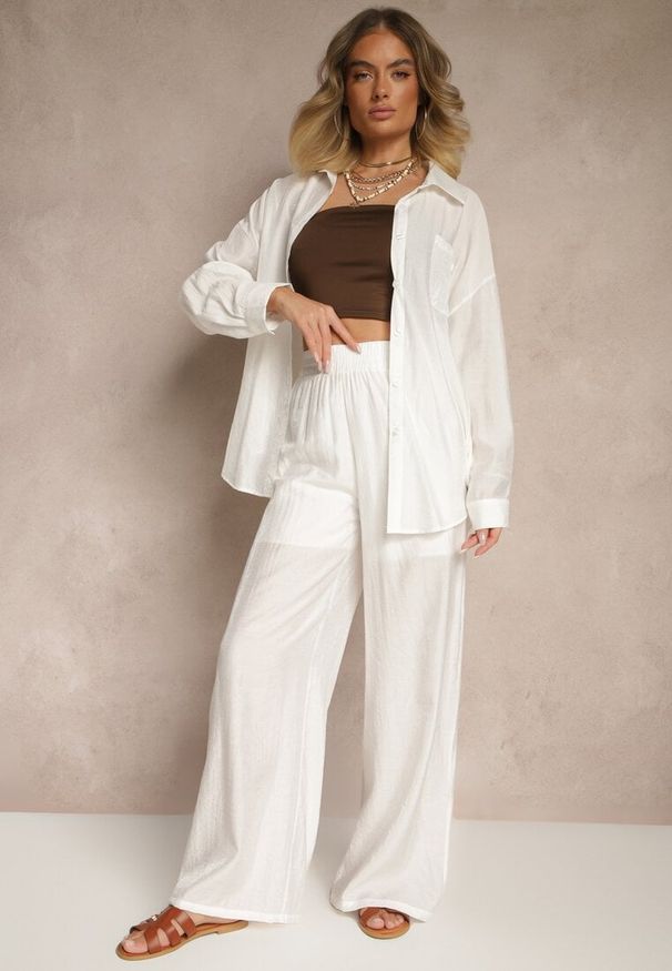 Renee - Białe Spodnie Palazzo High Waist z Szeroką Nogawką i Gumką w Talii Jenarielis. Okazja: na co dzień. Stan: podwyższony. Kolor: biały. Styl: casual
