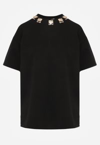 Born2be - Czarny Bawełniany T-shirt Oversize z Biżuteryjnymi Aplikacjami przy Dekolcie Tesana. Okazja: na co dzień, do pracy. Kolor: czarny. Materiał: bawełna. Wzór: aplikacja. Styl: elegancki, casual #6