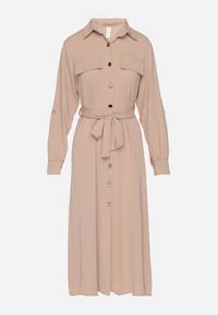 Born2be - Beżowa Koszulowa Sukienka z Podpinanymi Rękawami i Dodatkowym Wiązanym Paskiem Ivandria. Okazja: na co dzień. Kolor: beżowy. Typ sukienki: koszulowe. Styl: casual, klasyczny #6