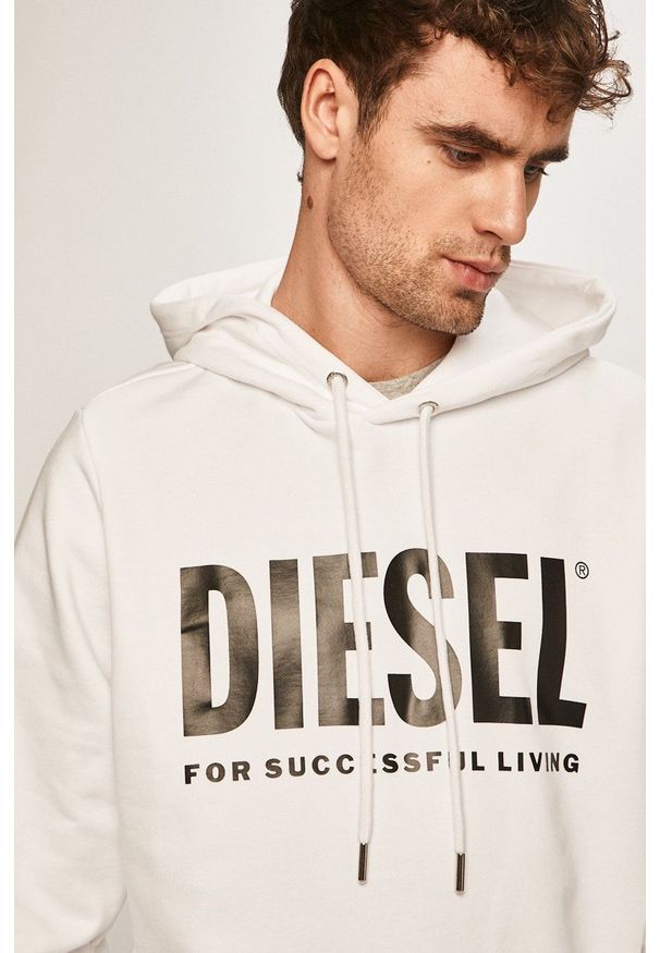 Diesel - Bluza. Okazja: na co dzień. Typ kołnierza: kaptur. Kolor: biały. Wzór: nadruk. Styl: casual