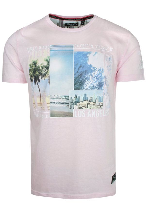 Brave Soul - T-Shirt Bawełniany Różowy z Nadrukiem, LOS ANGELES, Okrągły Dekolt -BRAVE SOUL. Okazja: na co dzień. Kolor: różowy. Materiał: bawełna. Wzór: nadruk. Styl: casual