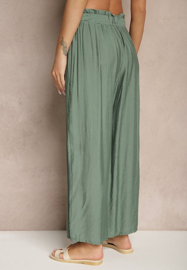 Renee - Ciemnozielone Spodnie High Waist o Szerokim Kroju z Wiązaniem Telisiela. Okazja: na co dzień. Stan: podwyższony. Kolor: zielony. Styl: elegancki, klasyczny, casual