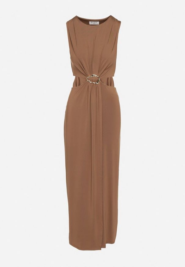 Born2be - Brązowa Sukienka z Wiskozą Ozdobiona Wycięciami i Metalową Aplikacją Odivaria. Kolor: brązowy. Materiał: wiskoza. Wzór: aplikacja. Styl: klasyczny