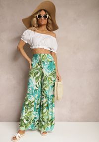 Renee - Zielone Spodnie High Waist z Wiskozy Typu Palazzo z Gumkami w Talii Haestria. Stan: podwyższony. Kolor: zielony. Materiał: wiskoza. Sezon: lato