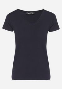 Born2be - Granatowy T-shirt z Bawełny z Dekoltem w Serek Liniviela. Okazja: na co dzień. Typ kołnierza: dekolt w serek. Kolor: niebieski. Materiał: bawełna. Styl: casual
