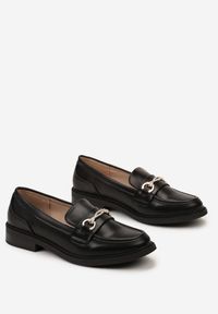 Renee - Czarne Mokasyny Loafersy z Klamerką z Cyrkoniami Phillomen. Kolor: czarny. Wzór: aplikacja. Styl: elegancki