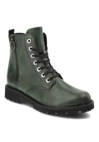 Zielone Botki Remonte Ocieplane Obuwie Damskie. Okazja: na co dzień, na spacer. Kolor: zielony. Materiał: skóra. Sezon: jesień, lato. Obcas: na obcasie. Styl: casual, retro, elegancki. Wysokość obcasa: średni #1
