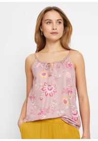 bonprix - Top shirtowy w kwiaty. Kolor: różowy. Materiał: koronka. Długość rękawa: na ramiączkach. Wzór: kwiaty