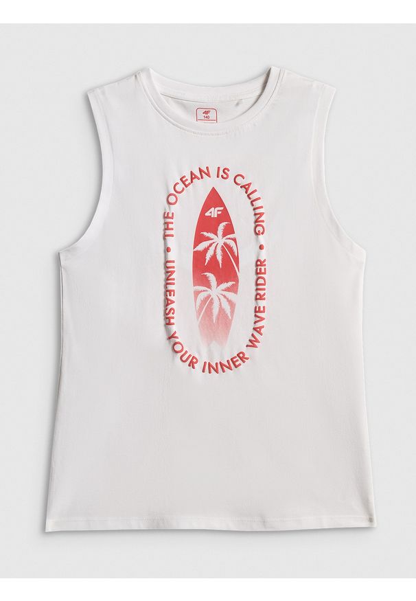4f - 4F Koszulka bez rękawów regular z nadrukiem chłopięca - biała 134 (8-9 lat). Kolor: biały. Materiał: bawełna, skóra, materiał. Długość rękawa: bez rękawów. Wzór: nadruk. Sezon: lato