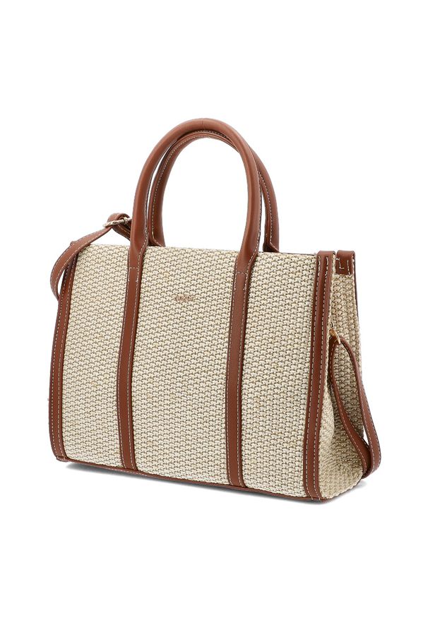 Torebka damska Rieker, torebka z plecionego materiału tekstylnego z elementami skóry naturalnej o prostej sztywnej formie z wygodnymi uchwytami i dod. Kolor: brązowy. Sezon: wiosna, lato. Materiał: skórzane. Styl: casual, elegancki. Rodzaj torebki: na ramię