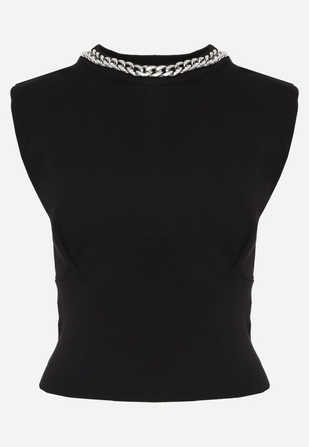 Born2be - Czarny Top Bez Rękawów z Wiskozą z Łańcuszkiem i Usztywnianymi Ramionami Shylisa. Okazja: na co dzień, do pracy. Kolor: czarny. Materiał: wiskoza. Długość rękawa: bez rękawów. Długość: długie. Wzór: aplikacja. Styl: casual