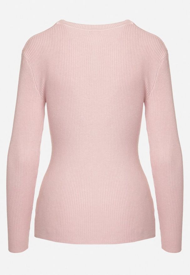 Born2be - Jasnoróżowy Sweter Prążkowany z Cyrkoniami Romivra. Okazja: na co dzień. Kolor: różowy. Materiał: prążkowany. Długość rękawa: długi rękaw. Długość: długie. Styl: casual, elegancki